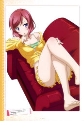 Rule 34 | 10s, 1girl, absurdres, barefoot, breasts, cleavage, collarbone, couch, feet, green shirt, highres, jacket, long hair, looking at viewer, love live!, love live! school idol festival, love live! school idol project, lying, nishikino maki, on back, otono natsu, purple eyes, red hair, scan, shirt, shorts, solo, toes, yellow jacket, yellow shorts, zipper