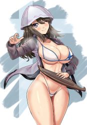 Rule 34 | 1girl, bikini, blush, breasts, brown hair, finnish flag, girls und panzer, hat, highres, instrument, jacket, kantele, large breasts, long hair, looking at viewer, mika (girls und panzer), nico-mo, one eye closed, open clothes, open jacket, print bikini, purple eyes, solo, sweat, swimsuit, unzipped