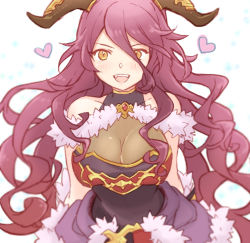 Rule 34 | 1girl, arms behind back, bare shoulders, blush, breasts, cleavage, dragalia lost, dragon, dragon girl, dragon horns, ekra, fang, fur trim, hair between eyes, heart, horns, large breasts, long hair, looking at viewer, mature female, mym (dragalia lost), open mouth, red hair, simple background, smile, solo, upper body, yellow eyes