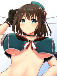 Rule 34 | 10s, 1girl, black gloves, blue eyes, blush, breasts, brown hair, choker, covered erect nipples, crop top, crop top overhang, from below, front-tie top, gloves, hair ornament, hairclip, hat, headgear, highres, inanaki shiki, kantai collection, large breasts, looking at viewer, looking down, maya (kancolle), maya kai ni (kancolle), midriff, short hair, sleeveless, solo, sweat, underboob, x hair ornament