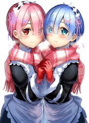 Rule 34 | 2girls, blue eyes, blue hair, blush, closed mouth, commentary request, eyes visible through hair, frills, fur trim, gloves, hair ornament, hair over one eye, hair ribbon, heads together, highres, holding hands, looking at viewer, maid, maid headdress, multiple girls, pink eyes, pink hair, pink ribbon, pink scarf, purple ribbon, ram (re:zero), re:zero kara hajimeru isekai seikatsu, red eyes, red gloves, rem (re:zero), ribbon, roswaal mansion maid uniform, scarf, short hair, siblings, simple background, sisters, smile, tarunyan, twins, white background, x hair ornament