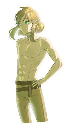Rule 34 | 1boy, abs, backlighting, bare arms, bare back, bare shoulders, belt, belt buckle, bon bon eee, brown belt, brown pants, buckle, collarbone, green eyes, hand on own hip, hands on own hips, highres, link, looking to the side, nintendo, pants, pectorals, pointy ears, ponytail, scar, scar on arm, scar on chest, short ponytail, sidelocks, solo, the legend of zelda, the legend of zelda: breath of the wild, toned, toned male, too many, too many scars, topless, topless male