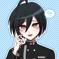 Rule 34 | 1boy, :d, ahoge, black hair, blue background, breast pocket, brown eyes, buttons, danganronpa (series), danganronpa v3: killing harmony, double-breasted, hand up, highres, jacket, lower teeth only, male focus, open mouth, outline, pocket, polka dot, polka dot background, saihara shuichi, short hair, smile, solo, striped clothes, striped jacket, suiren yurei, teeth, tongue, white outline
