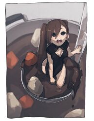 Rule 34 | 1girl, bare arms, black dress, border, brown hair, carrot, china dress, chinese clothes, cleavage cutout, clothing cutout, cooking pot, daikon, dress, dress tug, food, from above, hair between eyes, highres, in container, in food, kneeling, ladle, long hair, looking at viewer, looking up, mini person, minigirl, nanahyaku torako, open mouth, original, pelvic curtain, radish, sketch, sleeveless, sleeveless dress, solo, soup, twintails, very long hair, wading
