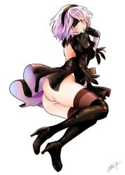 Rule 34 | 1girl, ass, back cutout, bad id, bad twitter id, black dress, black hairband, blindfold, boots, breasts, clothing cutout, commentary, dress, facing viewer, feather-trimmed sleeves, finger to mouth, hairband, high heel boots, high heels, highres, leotard, long sleeves, medium breasts, mole, mole under mouth, nier (series), nier:automata, nikaidou kou, short hair, signature, silver hair, simple background, solo, thigh boots, thighhighs, thighhighs under boots, white background, white leotard, 2b (nier:automata)