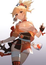 Rule 34 | 1girl, absurdres, bandaged leg, bandages, bare shoulders, black sash, blonde hair, breasts, chest sarashi, chest tattoo, choker, cleavage, commentary request, cowboy shot, cube 981, genshin impact, gradient background, grey background, highres, japanese clothes, kimono, large breasts, looking at viewer, obi, orange eyes, orange kimono, ponytail, red choker, sarashi, sash, short hair, short kimono, short sleeves, smile, solo, standing, strapless, tattoo, thighs, tube top, white background, wrist wrap, yoimiya (genshin impact)