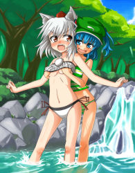 Rule 34 | 2girls, animal ears, bad id, bad pixiv id, bikini, blue eyes, blue hair, blush, grabbing another&#039;s breast, breasts, collarbone, day, female focus, female pervert, forest, grabbing, groping, hair bobbles, hair ornament, hat, inubashiri momiji, kawashiro nitori, medium breasts, multiple girls, nature, naughty face, navel, open mouth, partially submerged, pervert, red eyes, short hair, silver hair, sky, strapless, stream, swimsuit, tears, tks (526tks), tokin hat, touhou, tree, tube top, twintails, two side up, underboob, wading, water, wolf ears, yuri