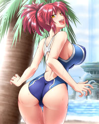 Rule 34 | 1girl, absurdres, ass, azanami (pso2), blush, breasts, competition swimsuit, covered erect nipples, highres, large breasts, looking back, one-piece swimsuit, open mouth, palm tree, phantasy star, phantasy star online 2, ponytail, red hair, short hair, smile, solo, swimsuit, taro, tree, water, wet, yellow eyes