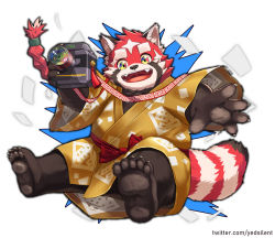 Rule 34 | 1boy, absurdres, bow, braid, brown fur, camera, claws, fangs, fangs out, furry, furry male, highres, holding, holding camera, japanese clothes, kimono, male focus, multicolored fur, outline, red fur, red panda boy, red panda ears, red panda tail, solo, thick eyebrows, tokyo houkago summoners, twitter username, white background, white fur, yed (yedsilent), yellow kimono, zhurong (housamo)