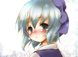 Rule 34 | 1girl, blue hair, blush, cirno, close-up, crying, crying with eyes open, female focus, fujisaki hikari, looking back, short hair, solo, tears, embodiment of scarlet devil, touhou