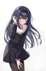 Rule 34 | 1girl, adjusting hair, black jacket, black pantyhose, black skirt, blue hair, blush, buttons, closed mouth, collarbone, commentary request, double-breasted, eluthel, hair between eyes, hairband, hand up, highres, idolmaster, idolmaster shiny colors, jacket, long hair, long sleeves, looking at viewer, morino rinze, pantyhose, red eyes, red hairband, school uniform, simple background, skirt, solo, standing, tareme, twitter username, white background