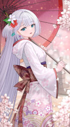 Rule 34 | 1girl, azur lane, blue eyes, cherry blossom print, cherry blossoms, earrings, falling petals, floral print, flower, from side, grey hair, hair flower, hair intakes, hair ornament, hairpin, highres, japanese clothes, jewelry, kanzashi, kimono, long hair, long sleeves, looking at viewer, obi, obiage, oil-paper umbrella, open mouth, petals, pink kimono, sash, shoukaku (azur lane), smile, solo, standing, stone lantern, tina (tinafya), umbrella, very long hair, wide sleeves