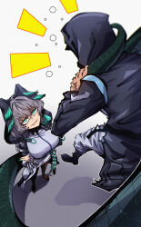 Rule 34 | 1girl, 1other, absurdres, ambiguous gender, aqua eyes, aqua nails, aqua wings, arknights, black coat, black footwear, black pantyhose, breasts, coat, commentary, doctor (arknights), dress, dryegen, english commentary, fangs, gradient background, grey hair, head wings, highres, ho&#039;olheyak (arknights), large breasts, pantyhose, snake tail, standing, tail, white dress, wings