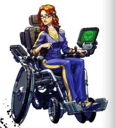 Rule 34 | 1girl, barbara gordon, batman (series), computer, dc comics, glasses, gradient background, lowres, oracle, oracle (dc), pen, red hair, sitting, solo, wheelchair