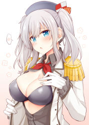 Rule 34 | 1girl, :o, beret, black bra, black hat, blue eyes, blush, bra, breast suppress, breasts, cleavage, clothes grab, collared shirt, dress shirt, embarrassed, epaulettes, flower, gloves, gradient background, grey shirt, hand on own chest, hat, jacket, kantai collection, kashima (kancolle), large breasts, long sleeves, looking at viewer, neckerchief, open clothes, open jacket, partially unbuttoned, red background, red neckerchief, revision, rui shi (rayze ray), shirt, sidelocks, silver hair, skindentation, solo, spoken blush, twintails, underwear, white gloves, white jacket