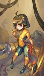 Rule 34 | 1girl, ahoge, arms (game), bodysuit, breasts, brown hair, cutesexyrobutts, foreshortening, full body, gloves, highres, looking at viewer, mecha, mechanica (arms), nintendo, open bodysuit, open clothes, pink eyes, purple eyes, robot, short hair, solo, standing, tire, undershirt, unzipped, wrench, zipper