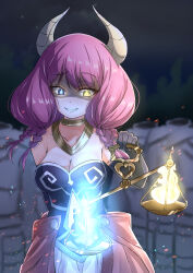 Rule 34 | 1girl, arm behind back, artist name, aura (sousou no frieren), balance scale, black gloves, blue eyes, blue fire, braid, breasts, cleavage, commentary request, demon girl, elbow gloves, fire, gloves, grin, heterochromia, highres, holding scale, horns, long hair, low-braided long hair, low-tied long hair, medium breasts, purple hair, smile, solo, sousou no frieren, suzuka (suzukawu), teeth, upper body, weighing scale, yellow eyes