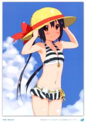 Rule 34 | 1girl, 2011, absurdres, armpits, bikini, black hair, blush, brown eyes, cloud, dated, day, errant, hand on headwear, happy, hat, highres, k-on!, long hair, looking at viewer, nakano azusa, navel, smile, solo, striped bikini, striped clothes, sun hat, swimsuit, twintails