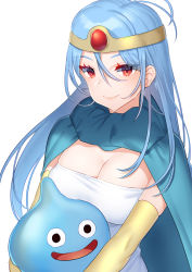 Rule 34 | 1girl, :d, akagi kurage, blue cape, blue hair, blush, breasts, cape, circlet, cleavage, closed mouth, dragon quest, dragon quest iii, dress, elbow gloves, gloves, hair between eyes, highres, large breasts, open mouth, red eyes, sage (dq3), simple background, skindentation, slime (creature), slime (dragon quest), smile, strapless, strapless dress, upper body, white background, white dress, yellow gloves