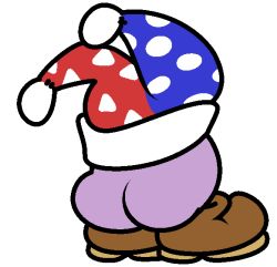 Rule 34 | ass, brown footwear, flat color, from behind, full body, fur-trimmed headwear, fur trim, hat, jaggy lines, jester cap, kirby (series), marx (kirby), multicolored clothes, multicolored hat, nintendo, no humans, pom pom (clothes), shoes, simple background, solo, standing, vilepluff, white background