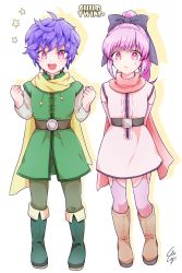 Rule 34 | 1boy, 1girl, artist name, belt, boots, bow, dragon quest, dragon quest heroes, dragon quest heroes ii, long hair, open mouth, pink eyes, pink hair, ponytail, purple hair, razel, scarf, simple background, star (symbol), teeth, teresia, white background, aged down