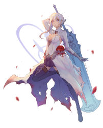 Rule 34 | 1girl, artist name, black thighhighs, blue eyes, breasts, cleavage, dress, gloves, holding, holding sword, holding weapon, koyorin, looking at viewer, petals, simple background, sinoalice, snow white (sinoalice), solo, sword, thighhighs, weapon, white background, white hair