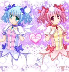 Rule 34 | 2girls, absurdres, alternate hairstyle, bad id, bad pixiv id, blue eyes, blue hair, blush, bow, bubble skirt, cirno, cosplay, crossover, dress, fujisaki kaon, gloves, hair bow, hair ribbon, heart, highres, kaname madoka, kaname madoka (cosplay), magical girl, mahou shoujo madoka magica, mahou shoujo madoka magica (anime), multiple girls, open mouth, pink hair, ribbon, short hair, short twintails, skirt, symmetry, touhou, twintails, wings