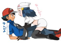 Rule 34 | 00s, 1boy, 1girl, all fours, arm support, ash ketchum, baseball cap, beanie, between legs, black hair, black thighhighs, blue eyes, blue hair, boots, brown eyes, cosplay, couple, creatures (company), dawn (pokemon), eye contact, friends, game freak, girl on top, hainchu, hair ornament, happy, hat, legs, long hair, looking at another, lying, midriff, nintendo, on back, open mouth, pants, pencil skirt, pokemon, pokemon (anime), pokemon dppt, shirt, shoes, short hair, simple background, skirt, smile, sneakers, team rocket, team rocket (cosplay), thigh boots, thighhighs, translation request, white background, white skirt
