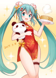 Rule 34 | 1girl, :3, :d, animal, aqua eyes, aqua hair, blush, blush stickers, bridal garter, china dress, chinese clothes, dated, dress, gradient background, hair ornament, hair ribbon, hairclip, hatsune miku, holding, holding animal, long hair, open mouth, panda, plate, red dress, ribbon, smile, snowmi, solo, standing, standing on one leg, twintails, very long hair, vocaloid, yellow background
