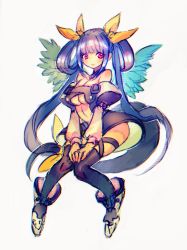 Rule 34 | 1girl, absurdres, bare shoulders, black thighhighs, blue hair, blush, bow, closed mouth, dizzy (guilty gear), grey background, guilty gear, guilty gear x, guilty gear xx, hair bow, highres, long hair, mini wings, purple eyes, simple background, sketch, skindentation, solo, thighhighs, twintails, very long hair, wings, yellow bow, yohane shimizu