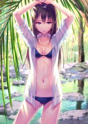 Rule 34 | 1girl, arms up, bikini, bikini under clothes, black bikini, breasts, brown hair, cleavage, ear piercing, gluteal fold, green eyes, idolmaster, idolmaster cinderella girls, jewelry, long hair, medium breasts, navel, necklace, nishimura eri, open clothes, open shirt, parted lips, piercing, see-through, shibuya rin, shirt, sleeves pushed up, solo, sweat, swimsuit, swimsuit under clothes
