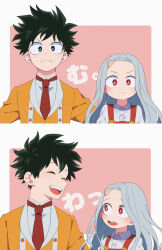 Rule 34 | 1boy, 1girl, :d, ^ ^, akiyama (noconoco), blush, boku no hero academia, buttons, closed eyes, closed mouth, collared shirt, commentary request, eri (boku no hero academia), eyelashes, forehead, freckles, frown, green eyes, green hair, grey hair, highres, horns, jacket, long hair, looking at another, looking at viewer, looking to the side, midoriya izuku, open mouth, orange jacket, parted bangs, pink background, red eyes, serious, shirt, short hair, simple background, single horn, smile, suspenders, teeth, two-tone background, upper body, upper teeth only, v-shaped eyebrows, white background, white shirt, wing collar