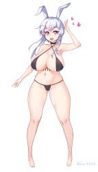 Rule 34 | 1girl, animal ears, armpits, bad id, bad pixiv id, bare shoulders, bikini, black bikini, blue hair, breasts, rabbit ears, cleavage, harry (dudwofla), heart, heart-shaped pupils, highres, korean text, large breasts, legs, long hair, navel, pink eyes, simple background, solo, swimsuit, symbol-shaped pupils, thighs, translation request, white background
