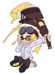 Rule 34 | 1girl, commentary request, full body, goggles, goggles on head, green eyes, highres, holding, holding weapon, ikki (gsl 9708), inkling, inkling girl, inkling player character, korean commentary, nintendo, octobrush (splatoon), one eye closed, outstretched arm, paint, pointy ears, seiza, short hair, simple background, sitting, solo, sparkling eyes, splatoon (series), splatoon 3, tentacle hair, weapon, white background