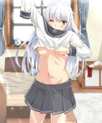 Rule 34 | 1girl, aga marino, alarm clock, anchor symbol, bad id, bad twitter id, bed, black sailor collar, black skirt, blue eyes, blurry, breasts, clock, commentary request, cowboy shot, curtains, depth of field, dressing, hibiki (kancolle), kantai collection, long hair, looking at viewer, midriff, navel, pleated skirt, sailor collar, school uniform, serafuku, silver hair, skirt, small breasts, solo, standing, underboob, window