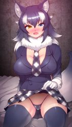 Rule 34 | 1girl, animal ear fluff, animal ears, bikini, bikini under clothes, black hair, black thighhighs, blue eyes, blush, breast pocket, breasts, cleavage, fang, fur collar, gloves, grey wolf (kemono friends), heterochromia, highres, indoors, kemono friends, large breasts, looking at viewer, micro bikini, multicolored hair, open mouth, pocket, skirt, solo, swimsuit, tail, thighhighs, totokichi, two-tone hair, white gloves, white hair, wolf ears, wolf girl, wolf tail, yellow eyes
