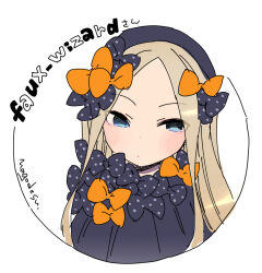 Rule 34 | 1girl, abigail williams (fate), artist name, black bow, black dress, black hat, blonde hair, blue eyes, bow, closed mouth, dress, fate/grand order, fate (series), hat, long hair, mago, orange bow, parted bangs, polka dot, polka dot bow, simple background, solo, too many bows, white background