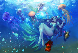 Rule 34 | 1girl, air bubble, arms up, bare arms, bare legs, bare shoulders, barefoot, blue eyes, blush, breasts, brown hair, bubble, caustics, cleavage, closed mouth, clothing cutout, commentary, dress, english commentary, eq (massar9103), eyelashes, fingernails, fins, fish, floating hair, forehead, freediving, full body, green dress, head fins, highres, jellyfish, knees up, large breasts, light rays, linea alba, long dress, long fingernails, long hair, mermaid, monster girl, navel, original, scales, shiny skin, sleeveless, sleeveless dress, solo, stomach, stomach cutout, strapless, strapless dress, submerged, toenails, underwater, very long hair, water