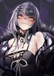 Rule 34 | 1girl, absurdres, armpit crease, black camisole, black hair, breasts, camisole, cleavage, fur trim, grey hair, hair ornament, highres, hololive, hololive english, large breasts, multicolored hair, off shoulder, pupi (rain prophet), shiori novella, shiori novella (1st costume), smile, solo, two-tone hair, upper body, virtual youtuber, yellow eyes