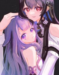 Rule 34 | 2girls, absurdres, besi (besidoesart), black background, black dress, black hair, blue hair, closed mouth, collared shirt, colored inner hair, dress, gradient hair, hand on another&#039;s head, highres, hololive, hololive english, hug, koseki bijou, koseki bijou (1st costume), long hair, looking at viewer, mole, mole under eye, multicolored hair, multiple girls, nerissa ravencroft, nerissa ravencroft (1st costume), open mouth, pink hair, shirt, smile, virtual youtuber, white dress, white hair