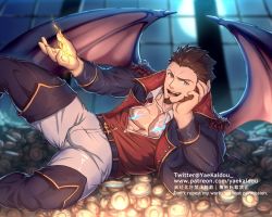 Rule 34 | 1boy, alternate costume, bara, bat wings, blue eyes, boots, brown hair, bulge, cross scar, demon boy, epaulettes, facial hair, fate/grand order, fate (series), feet out of frame, full moon, goatee, halloween, halloween costume, heterochromia, jacket, leather, leather boots, long sideburns, long sleeves, lying, male focus, military, military uniform, moon, muscular, napoleon bonaparte (fate), on side, open clothes, open jacket, open shirt, pants, pectoral cleavage, pectorals, red eyes, scar, scar on chest, short hair, sideburns, solo, thick thighs, thigh boots, thighhighs, thighs, uniform, vampire costume, white pants, wings, yaekaidou