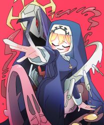 Rule 34 | 1girl, absurdres, blonde hair, blush, chibi, closed eyes, cross, cross necklace, dorarat, double (skullgirls), habit, highres, jewelry, monster, monster girl, necklace, nun, open mouth, outstretched hand, red background, red eyes, skullgirls, smile, solo