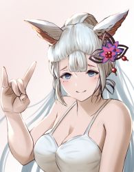 Rule 34 | 1girl, animal ears, bad id, bad twitter id, bare shoulders, blue eyes, blush, breasts, cleavage, closed mouth, commentary, erune, fox shadow puppet, granblue fantasy, haido (ryuuno kanzume), hair ornament, hand gesture, highres, large breasts, long hair, looking at viewer, pink background, shirt, sketch, smile, societte (granblue fantasy), solo, spaghetti strap, upper body, very long hair, white shirt
