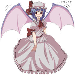 Rule 34 | 1girl, bad id, bad pixiv id, bat wings, blue hair, blush, dress, female focus, flapping, hat, open mouth, pink dress, red eyes, remilia scarlet, short hair, simple background, solo, touhou, tsukishiro saika, white background, wings