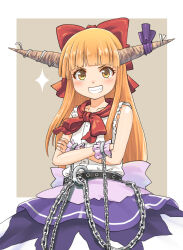 Rule 34 | 1girl, belt, blunt bangs, bow, chain, commentary request, crossed arms, grin, hair bow, haniwa (leaf garden), highres, horn ornament, horn ribbon, horns, ibuki suika, long hair, looking at viewer, orange hair, ribbon, scarf, shirt, sidelocks, skirt, sleeveless, sleeveless shirt, smile, solo, sparkle, touhou, upper body, wrist cuffs, yellow eyes
