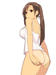 Rule 34 | 1girl, :/, ass, blouse, bottomless, breasts, brown hair, camisole, eyelashes, from behind, from below, hands on ass, highres, ino (magloid), kousaka rino, lace, lace-trimmed shirt, lace trim, large breasts, long hair, looking at viewer, looking back, nape, otome function, red eyes, shirt, simple background, solo, strap gap, swept bangs, tan, tanline, tareme, twintails, white background