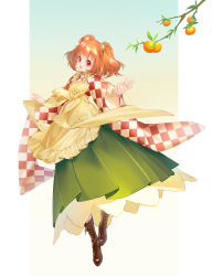Rule 34 | 1girl, :d, apron, bell, boots, branch, brown footwear, checkered clothes, checkered kimono, commentary request, food, frilled apron, frills, fruit, full body, green skirt, hair bell, hair ornament, highres, japanese clothes, kimono, long sleeves, looking at viewer, mandarin orange, medium hair, motoori kosuzu, open mouth, orange hair, red eyes, red kimono, skirt, smile, solo, touhou, two side up, vieny, white kimono, wide sleeves, yellow apron