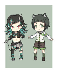 Rule 34 | 2girls, nanashi inc., animal ear fluff, animal ears, animare, belt, belt bra, black footwear, black gloves, black hair, black jacket, black legwear, black ribbon, black shorts, black skirt, blue belt, blue hair, blue socks, blunt bangs, blush, breasts, chest belt, closed mouth, clothing cutout, commentary request, cropped jacket, cross-laced clothes, cross-laced sleeves, demon girl, demon horns, demon tail, dog ears, fang, fang out, flat chest, full body, garter straps, gloves, green background, green eyes, green legwear, grey skirt, hashiba natsumi (animare), highres, horns, jacket, layered skirt, long hair, long sleeves, looking at viewer, midriff, multicolored hair, multiple girls, navel, neck ribbon, open clothes, open jacket, partially fingerless gloves, pointy ears, red eyes, ribbon, rose22, shishio chris, shoes, short hair, shorts, shoulder cutout, simple background, single thighhigh, skirt, small breasts, smile, sneakers, socks, sugar lyric, tail, thick eyebrows, thighhighs, two-tone background, two-tone hair, vest, virtual youtuber, white background, white vest, zipper skirt