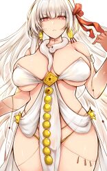 Rule 34 | 1girl, absurdres, armlet, bare shoulders, belly chain, blush, body markings, breasts, cleavage, collarbone, colored skin, durga (fate), earrings, fate/grand order, fate (series), gradient skin, grey hair, hair ribbon, highres, jewelry, large breasts, long hair, looking at viewer, pelvic curtain, red eyes, red skin, revealing clothes, ribbon, sash, snake, solo, thick thighs, thighs, tsukasawa takamatsu, very long hair