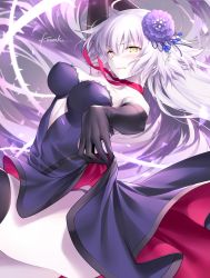 Rule 34 | 1girl, arm up, armpits, artist name, bad perspective, bad proportions, bare shoulders, black gloves, black panties, black thighhighs, blush, breasts, center opening, choker, cleavage, dress, dutch angle, elbow gloves, fate/grand order, fate (series), flower, gloves, grimace, hair between eyes, hair flower, hair ornament, jeanne d&#039;arc (fate), jeanne d&#039;arc alter (avenger) (fate), jeanne d&#039;arc alter (fate), kousaki rui, large breasts, long hair, official alternate costume, pale skin, panties, purple dress, ribbon choker, signature, silver hair, solo, strapless, strapless dress, thighhighs, thorns, underwear, very long hair, yellow eyes